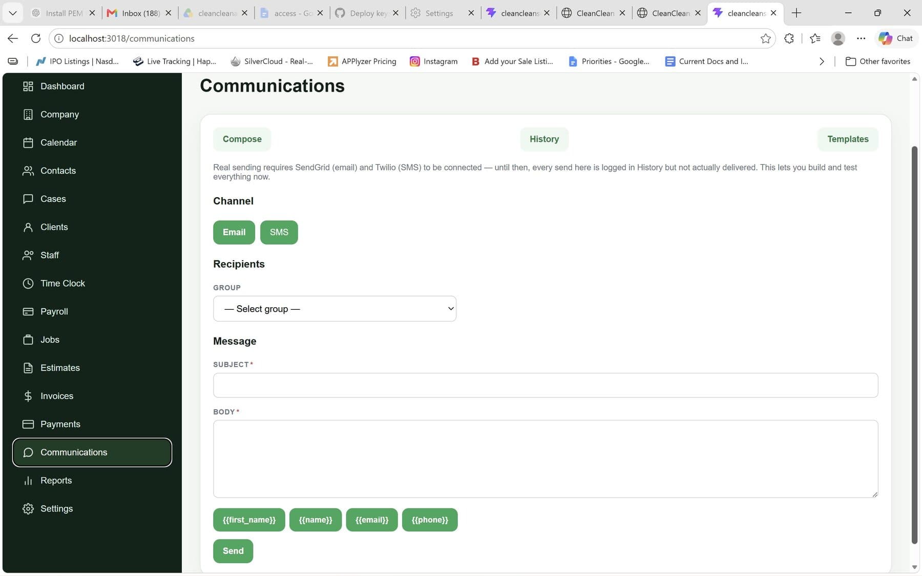 CleanClean communications screen
